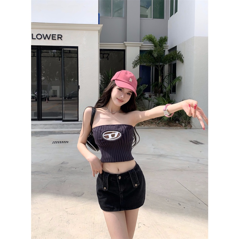 Cocory vn Áo Tank top Dệt Kim Mỏng Một Bên Vai Có logo Kim Loại Quyến Rũ Cho Nữ