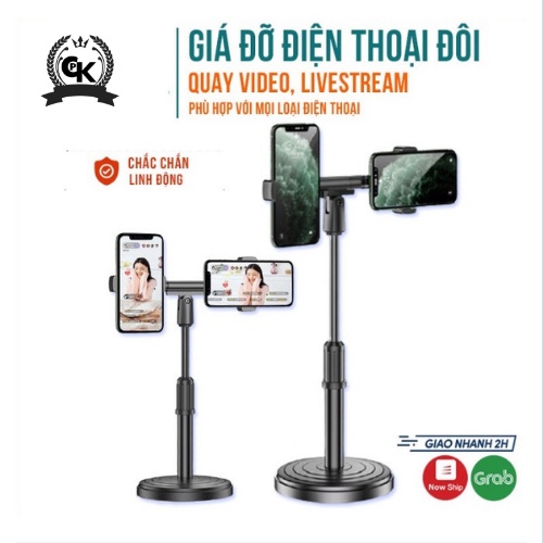 Giá đỡ 2 điện thoại livestream MỚI NHẤT, giá đỡ kẹp điện thoại đôi DK098 CAO CẤP để bàn, gấp gọn siêu tiện dụng