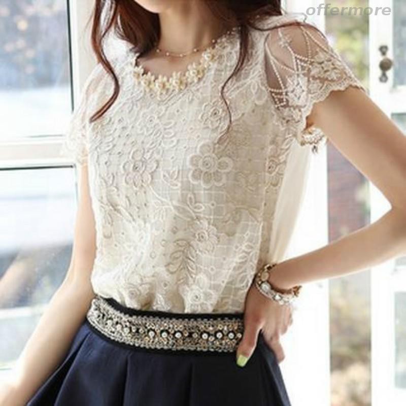Áo ngắn tay phối ren bông hoa xinh xắn thời trang cho nữ áo rút áo tiểu thư áo bigsize sơmi nữ áo sơmi nữ áo lụa áo đùi