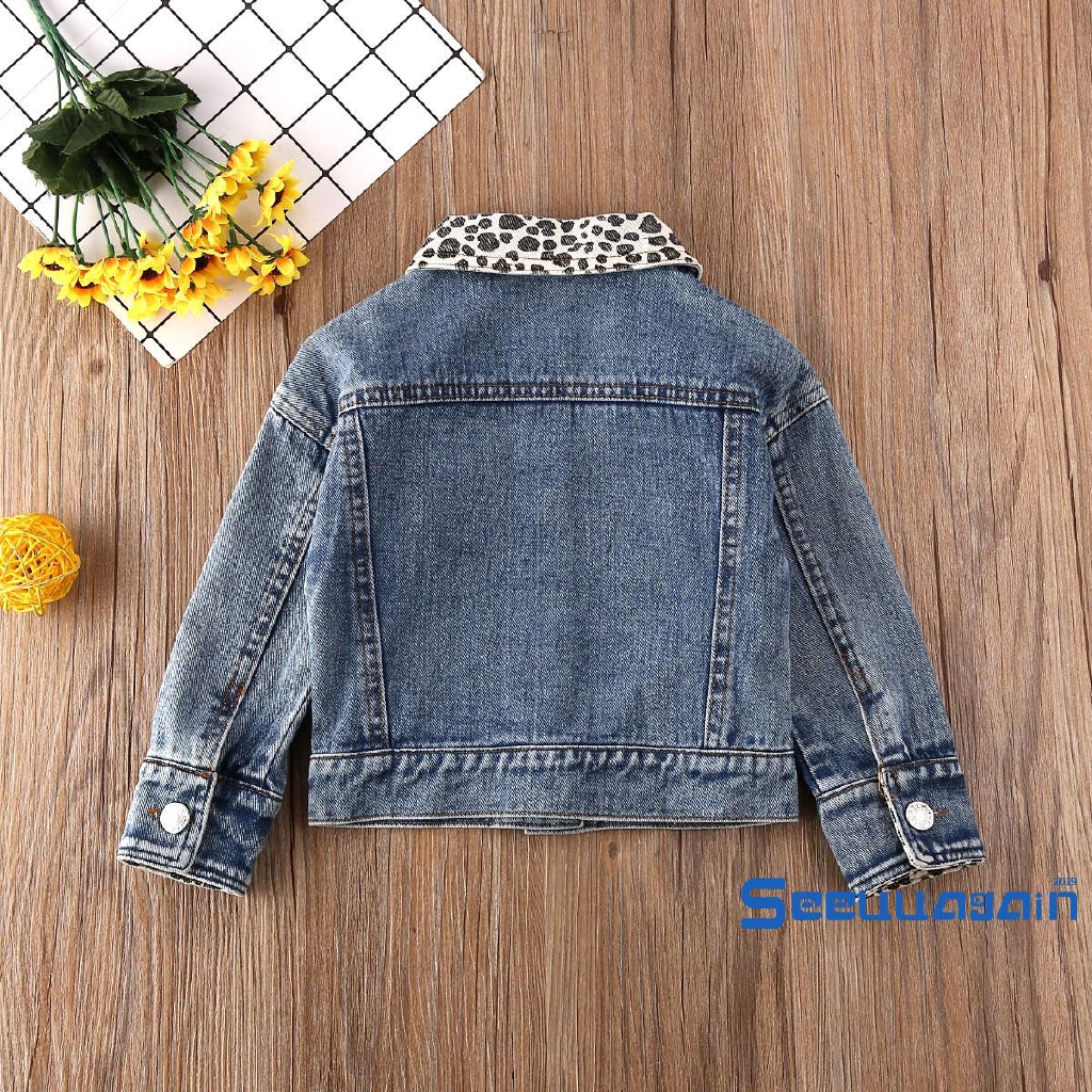 Áo khoác denim dài tay trang trí họa tiết da báo cho bé gái