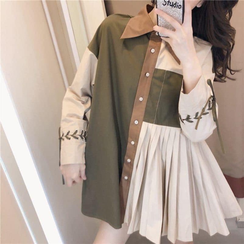Áo sơ mi phối màu dáng váy giấu quần phom suông rộng dài tay dành cho nữ chất, cá tính thời trang phong cách Ulzzang Hàn | BigBuy360 - bigbuy360.vn
