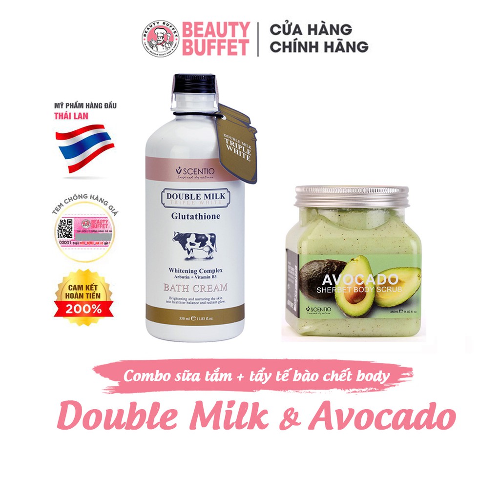 Combo sữa tắm trắng da Double Milk 350ml và Tẩy tế bào chết body làm sáng mịn da Scentio Avocado 350ml