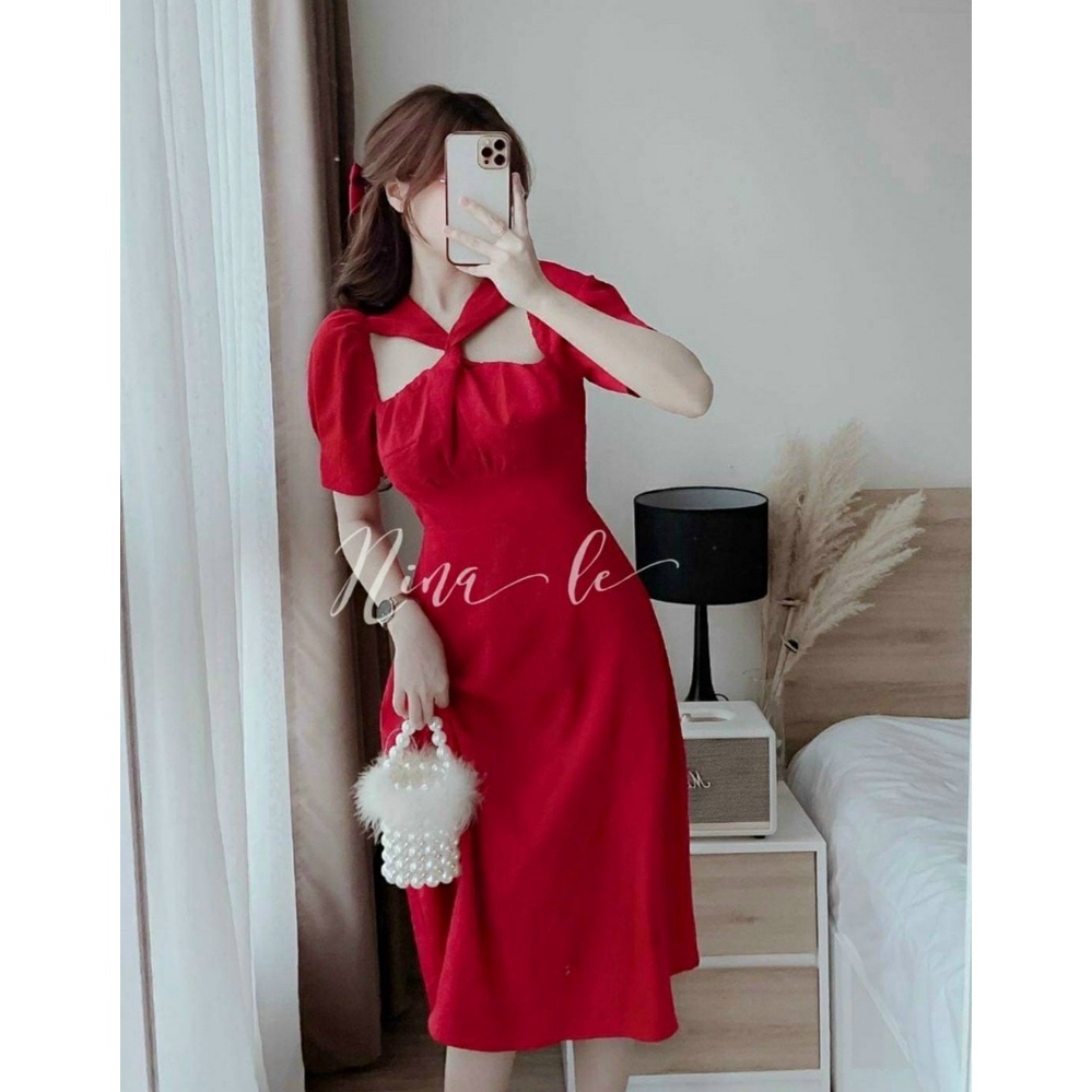 Đầm váy nữ cổ giả yếm tay ngắn ôm điệu đà nữ tính ( chất liệu lụa nhung ) mẫu phù hợp mọi phong cách