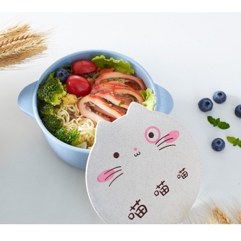 Bát ăn dặm cho bé hình mèo có nắp size lớn bằng chất liệu lúa mạch an toàn