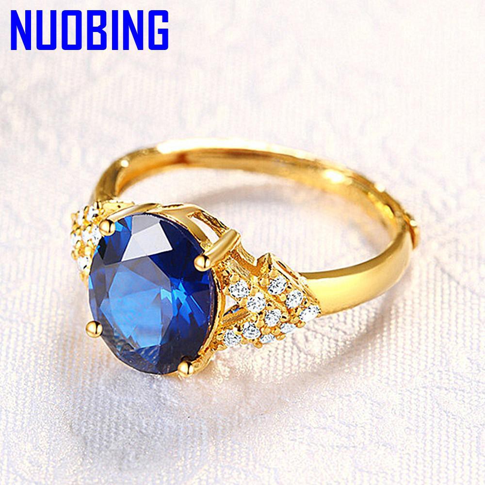 14K Gold Color Blue Crystal Sapphire Zircon Diamonds Gemstones Rings For Women Jewelry Bijoux Bague Wedding Ring Band Party Gift|Rings|