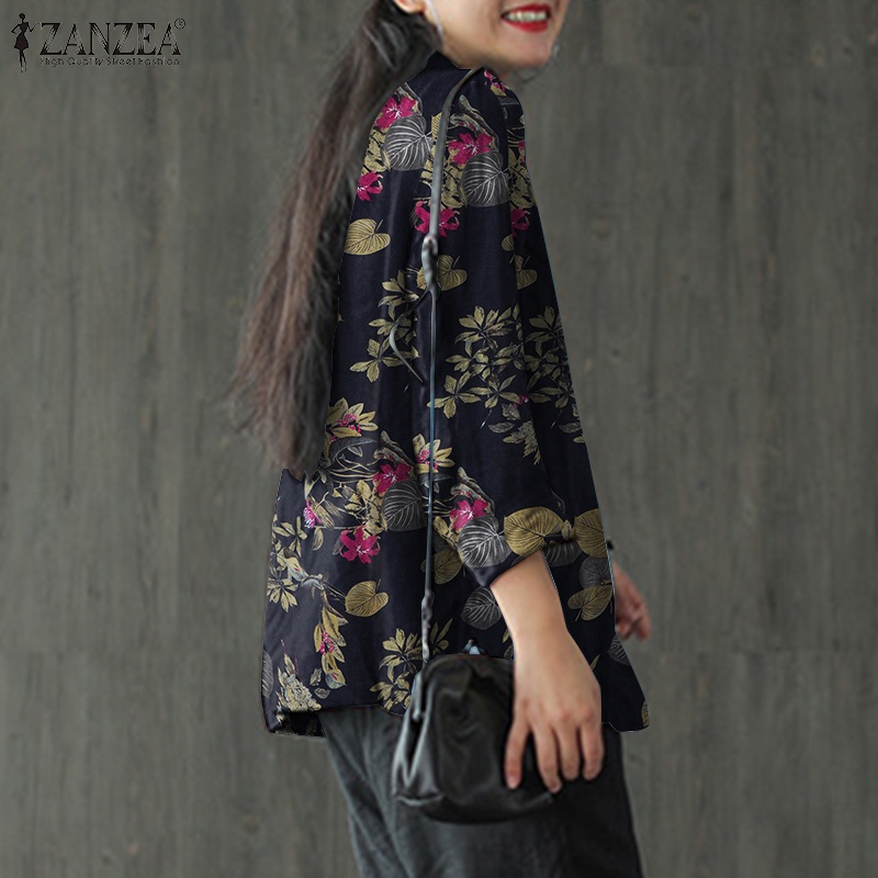 Áo khoác Blazer ZANZEA tay dài cài nút in hình hoa vải cotton thời cổ điển cơ bản cho nữ
