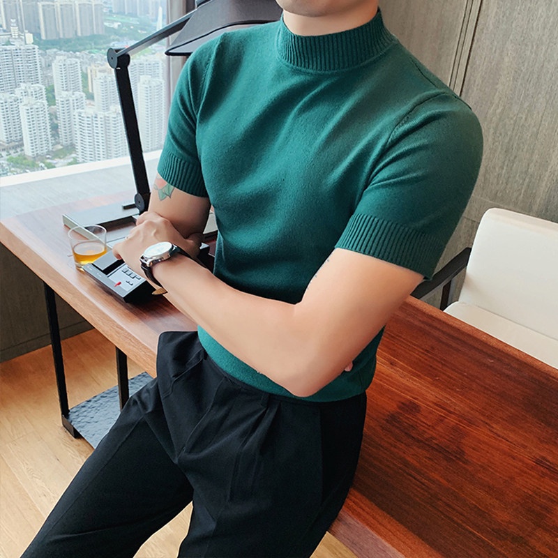 Áo Thun Dệt Kim Tay Ngắn Cổ Cao Ôm Dáng Màu Sắc Đơn Giản Phong Cách Hàn Quốc Thời Trang Cho Nam