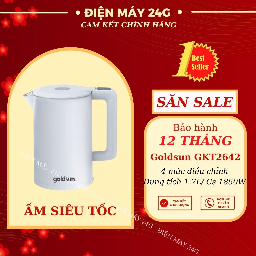 Ấm siêu tốc Goldsun GKT2642 ấm đun 1.7L lớp trong bình đun nước bằng inox chịu nhiệt tự động ngắt khi nước sôi cạn nước