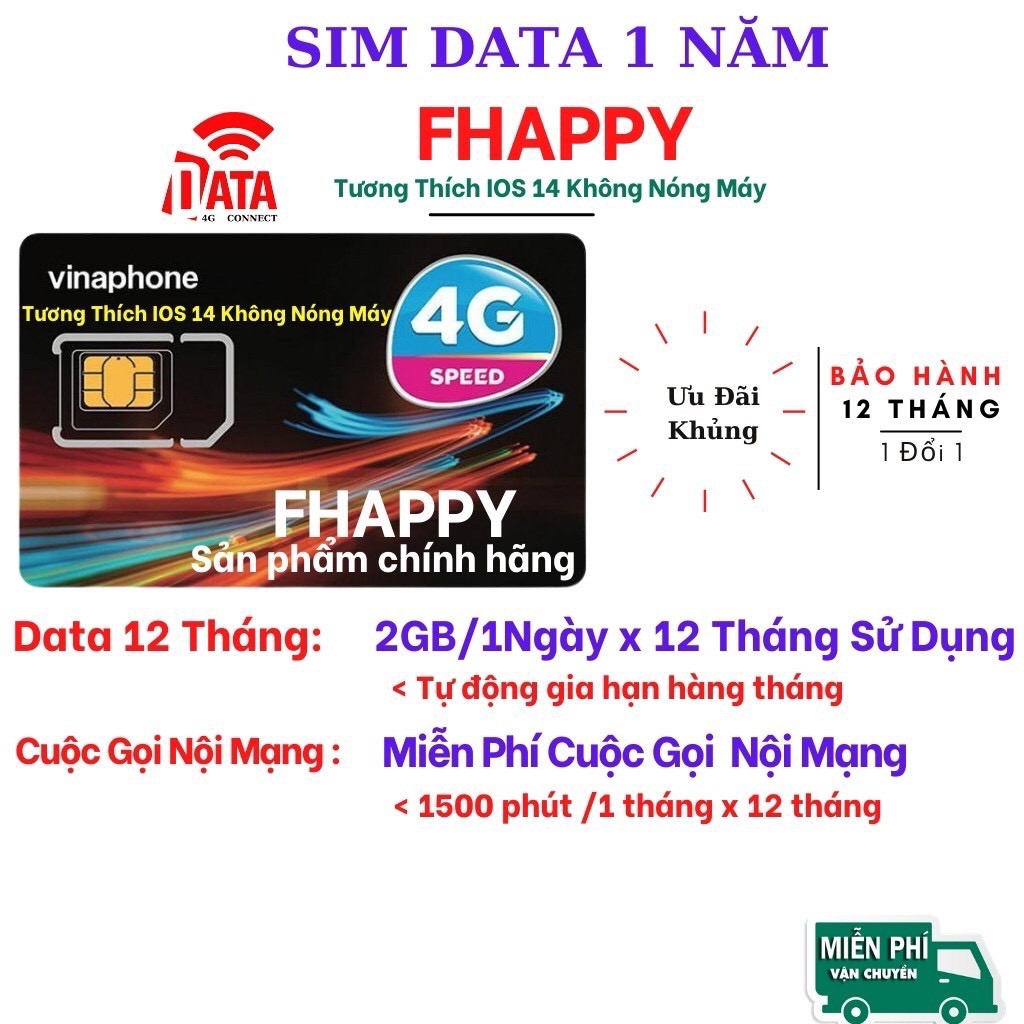 {Miễn phí 1năm} Sim Vd89, Fhappy 2GB/ngày, 60GB/tháng, Mua 1 lần dùng cả năm