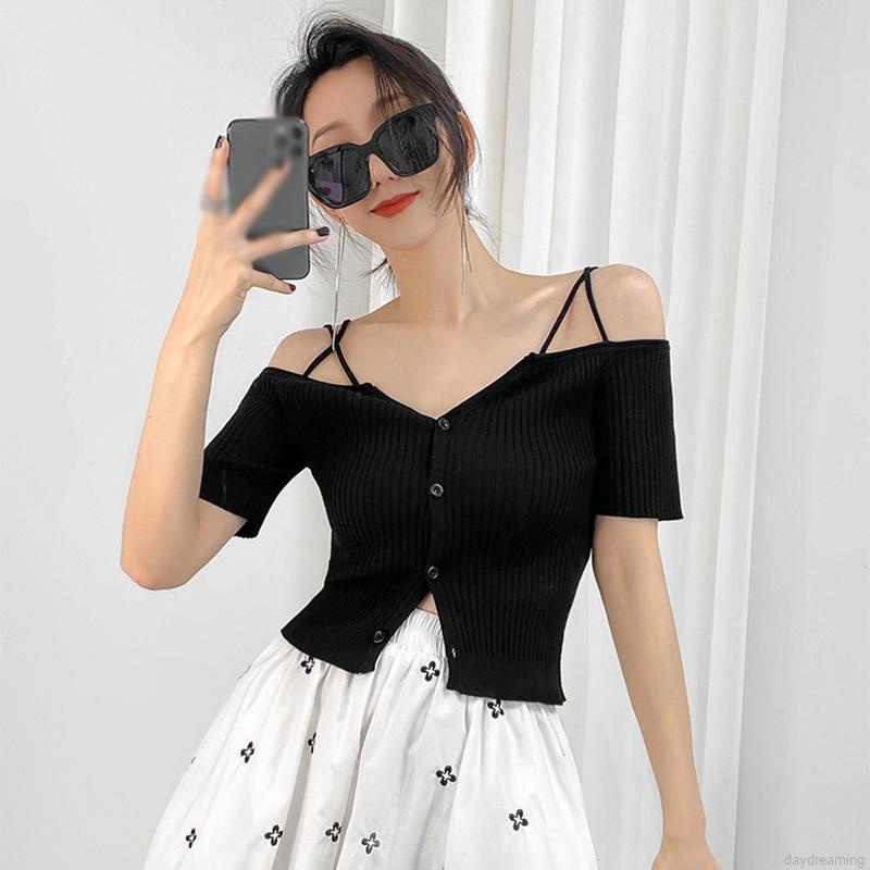 Áo Croptop Dệt Kim Trễ Vai Tay Ngắn Thiết Kế Quyến Rũ Cho Phái Nữ
