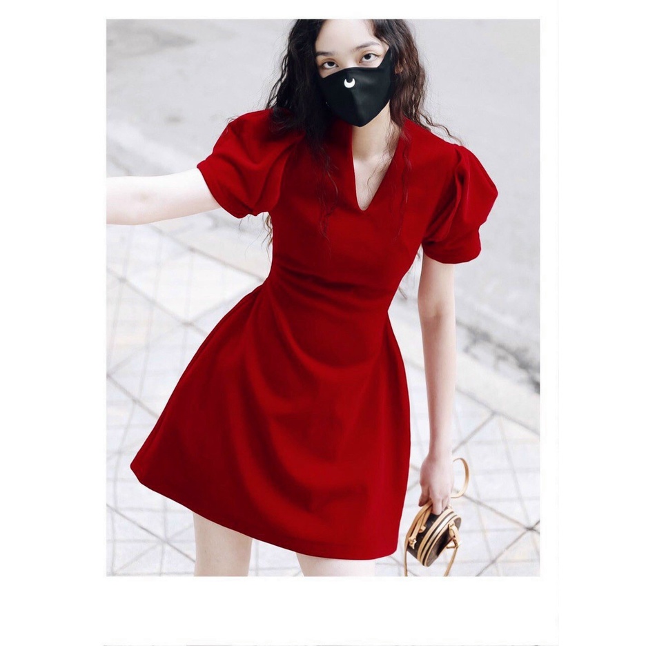Đầm Nhung Đỏ ❤️FREESHIP❤️ Dáng Xòe Cổ V Tay Phồng