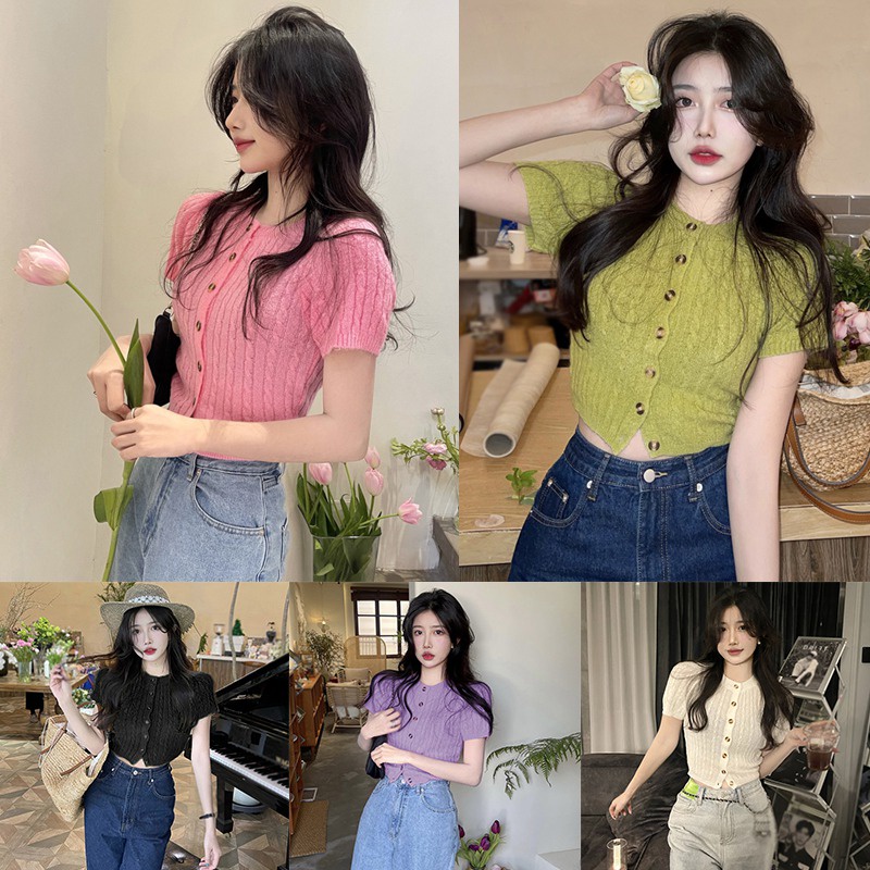 Áo Croptop Dệt Kim Tay Ngắn Phối Nút Thiết Kế Đơn Giản Cho Phái Nữ