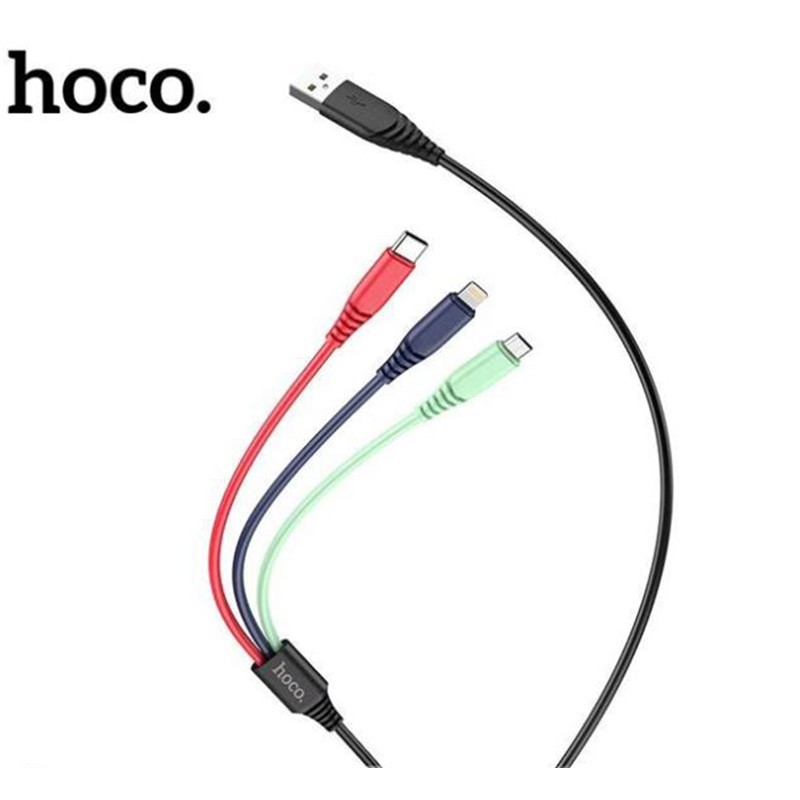 Cáp sạc Hoco DU04 3 in 1 ( Lightning+Micro+Type-C ) sạc nhanh 3.0A, dây dẻo màu sắc, đầu sạc chống gập dài 120cm đa năng