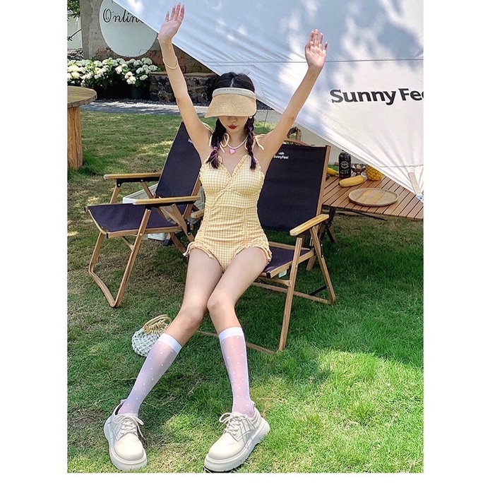 Đồ bơi nữ caro vàng pastel phong cách Hàn Quốc cao cấp