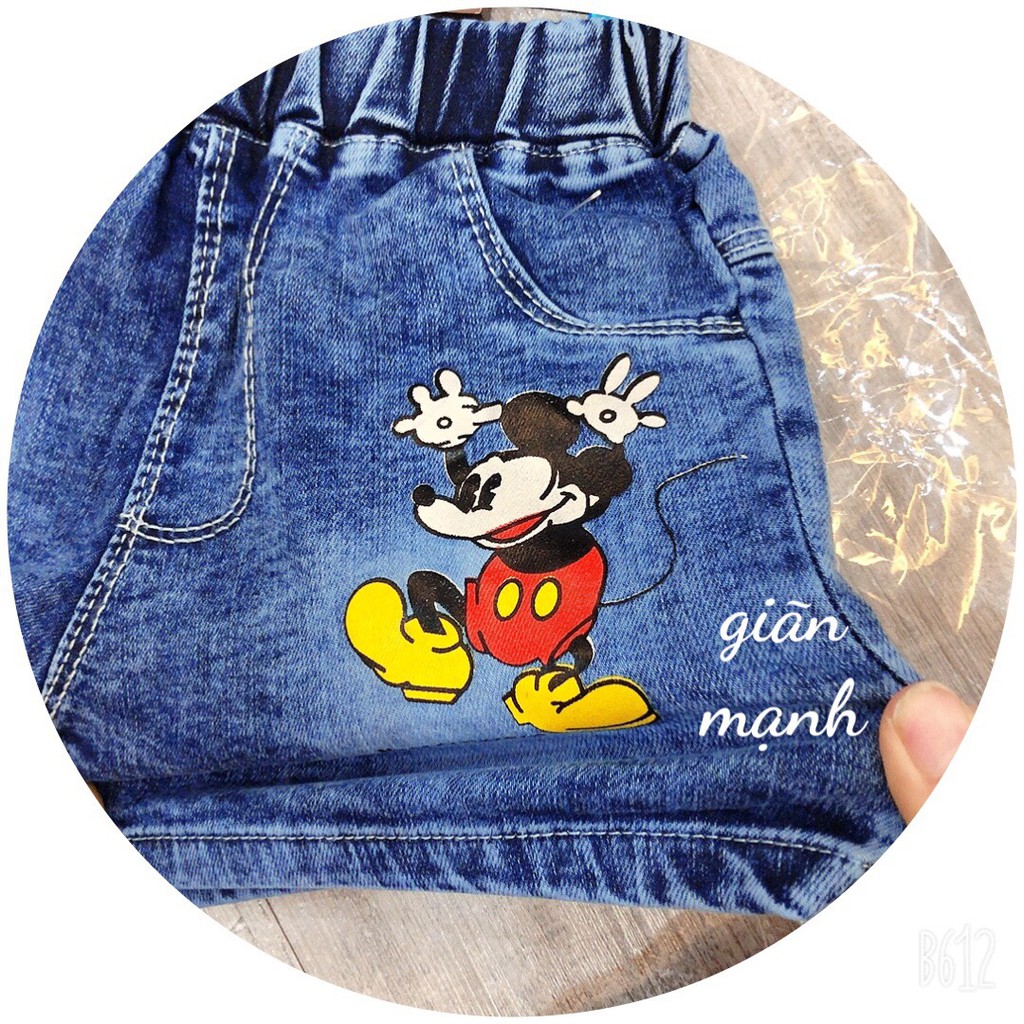 Quần short jean cho bé ⚡𝐇𝐀̀𝐍𝐆 𝐂𝐀𝐎 𝐂𝐀̂́𝐏⚡Quần Jean trẻ em in hình Micky chất mềm mại phong cách thời trang