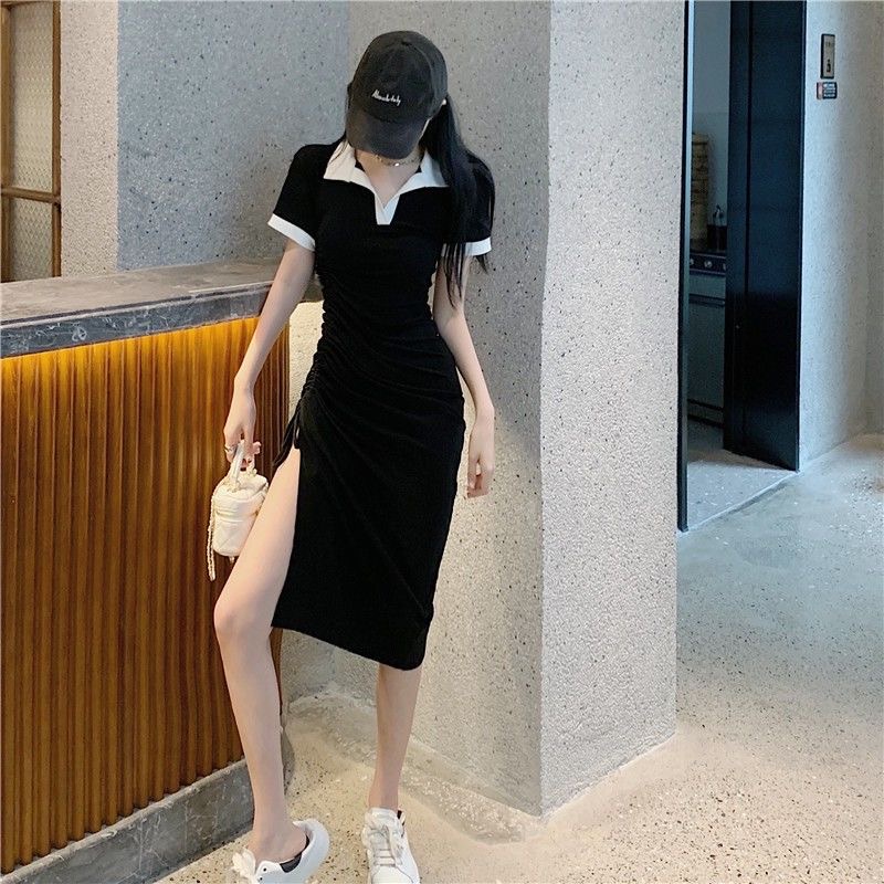 Đầm PERTY midi cổ polo ôm dáng vừa vặn thiết kế dây rút bên hông phong cách Hàn Quốc xinh xắn cho nữ