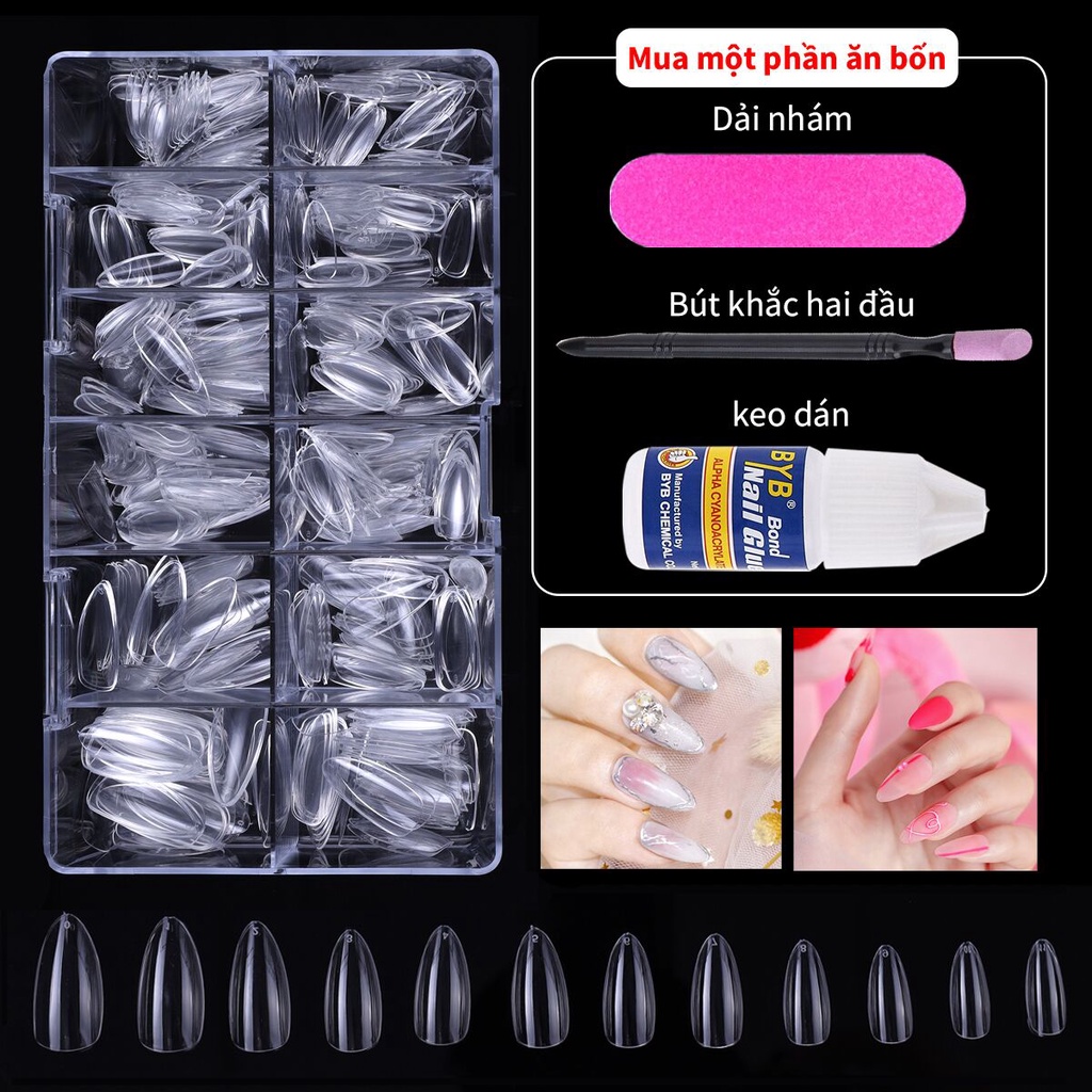 [Hàng mới về] Bộ 500 Móng Tay Giả Bằng Acrylic Trong Suốt Hình Bầu Dục Thời Trang