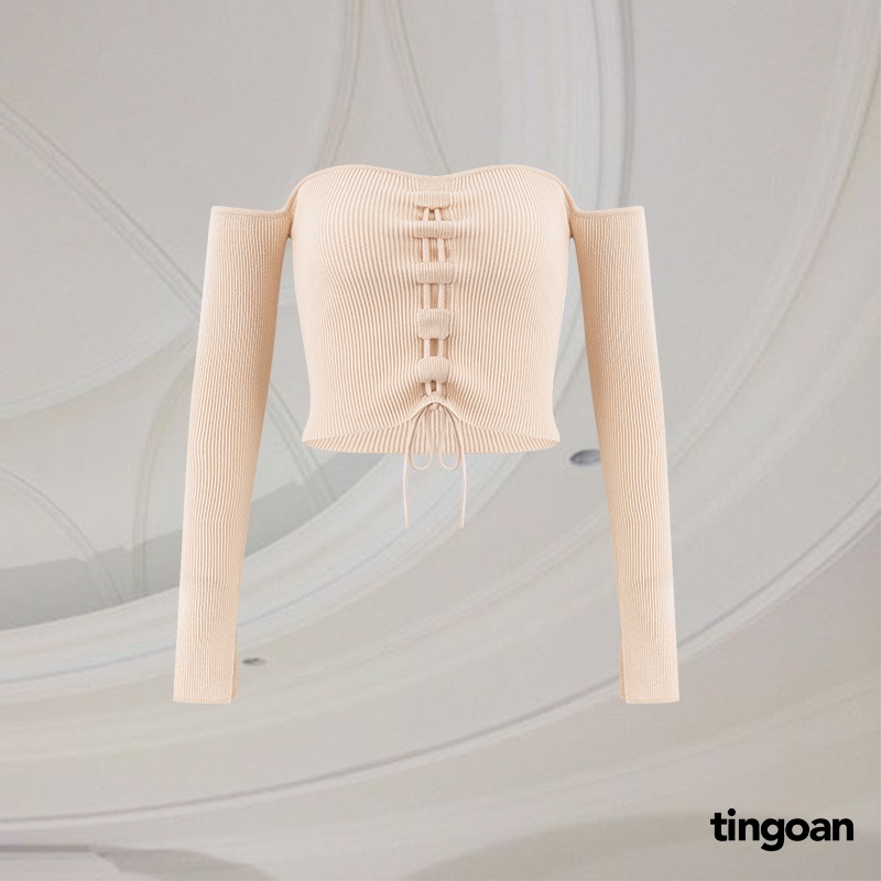 TINGOAN® - Áo len xù nude trễ vai rút dây tay dài xẻ vạt LUCIA TOP/ND