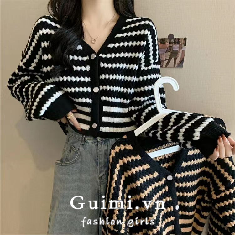 Áo Khoác Cardigan Dệt Kim Cổ Chữ V Họa Tiết Kẻ Sọc Thời Trang Mùa Thu Mới Cho Nữ