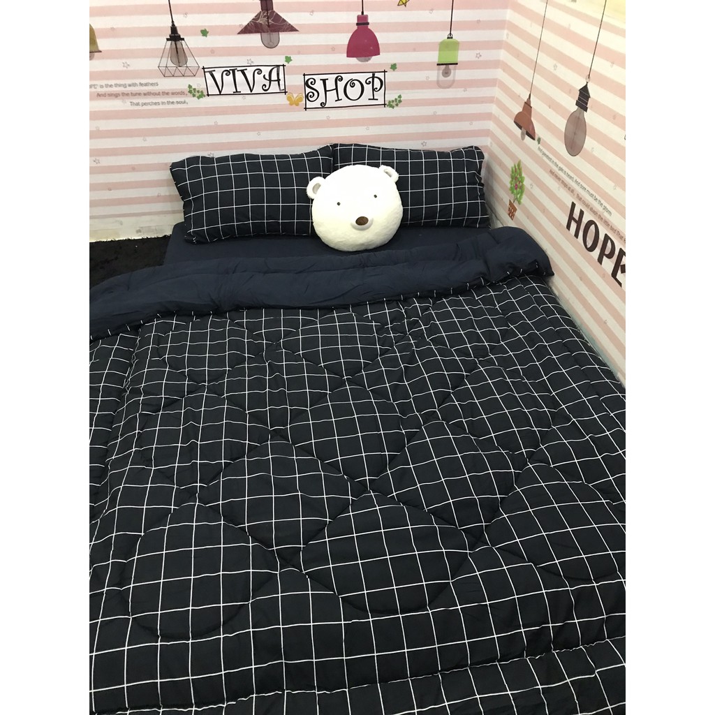 Bộ Chăn Ga Gối (Hình Thật) Đũi Xanh Đen Ô Vuông M2*2M-M4*2M- M6*2M-M8*2M