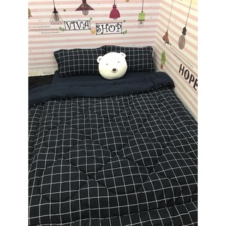 Bộ Chăn Ga Gối (Hình Thật) Đũi Xanh Đen Ô Vuông M2*2M-M4*2M- M6*2M-M8*2M
