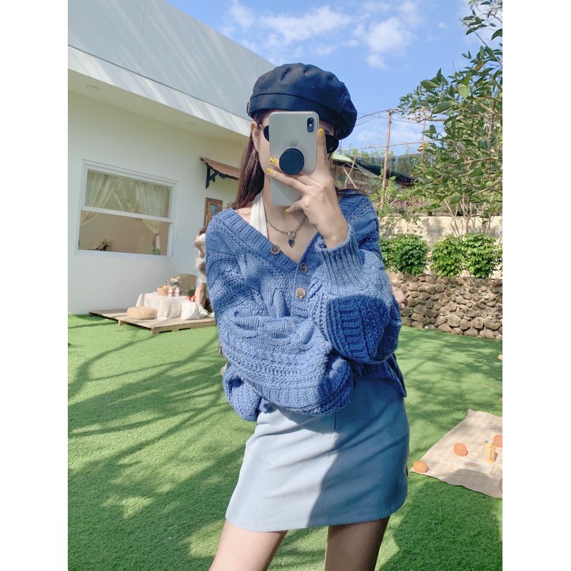 Áo Cardigan len dày dặn dáng croptop có bo ôm phồng ống tay xinh xắn 2 màu xanh/kem - Meadow | BigBuy360 - bigbuy360.vn