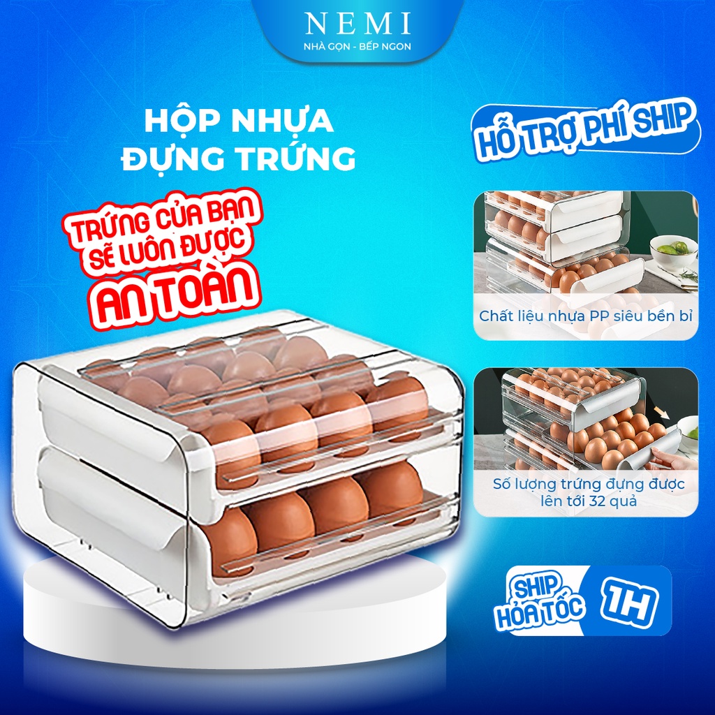 Hộp Đựng Trứng NEMI 2 Tầng 32 Ô Thiết Kế Dễ Dàng Xếp Trồng Trong Suốt Dễ Dàng Quan Sát Trứng Bên Trong