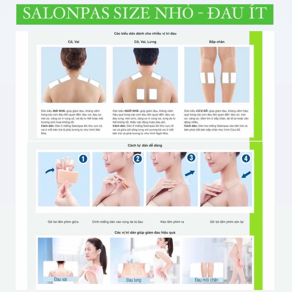 MIẾNG DÁN GIẢM ĐAU SALONPAS  Giảm Đau Vai, Lưng, Cơ, Mỏi Cơ, Đau Khớp, Bầm Tím, Bong Gân