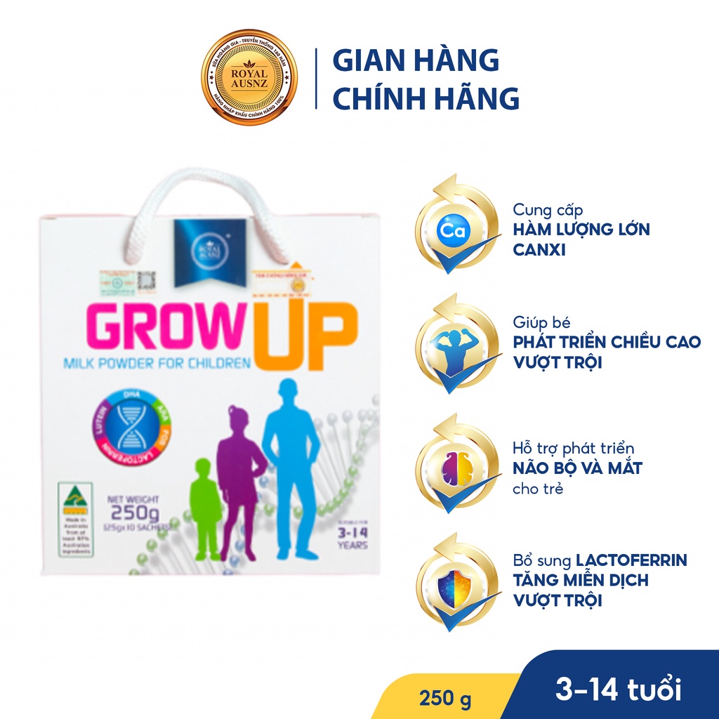 Sữa Tăng Chiều Cao Cho Bé ROYAL AUSNZ Grow Up Milk Powder Hỗ Trợ Phát Triển Chiều Cao Cho Trẻ Từ 3-14 Tuổi (Hộp 10 gói)