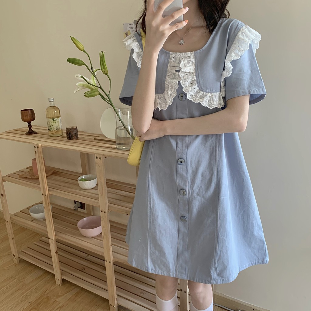 Xiaozhainv Đầm tay ngắn thiết kế dáng rộng phong cách thời trang Hàn Quốc cho nữ | BigBuy360 - bigbuy360.vn