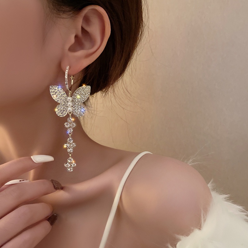 Bông Tai Mạ Bạc 925 Hình Bướm Đính Đá Thời Trang Hàn Quốc Sang Trọng Cho Nữ