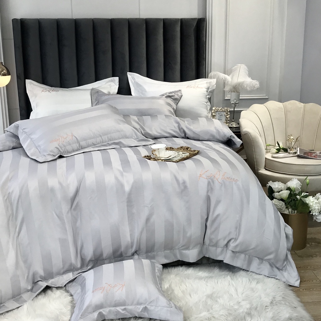 Bộ 4 Món Vỏ Chăn Ga Gối Lụa Kq Sateen Sọc Kẻ Sang Trọng Dành cho Khách Sạn Cao Cấp Size m6 m8 2m2 Napbedding