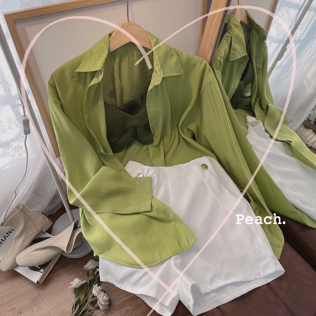 SET ÁO SƠ MI XANH + ÁO CROPTOP XANH 2 DÂY + QUẦN SHORT