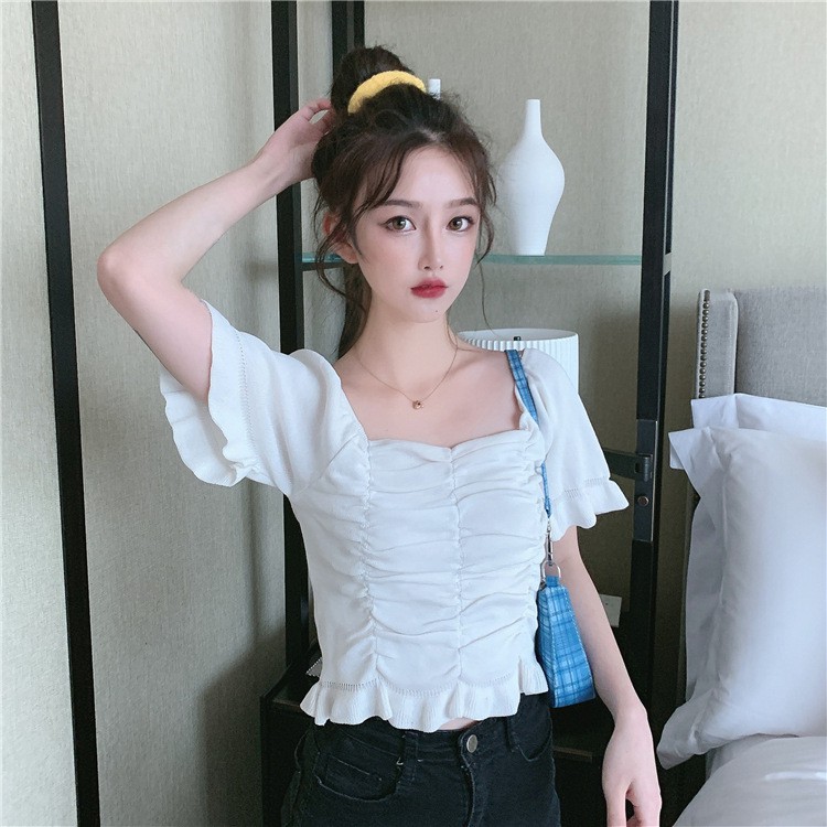 Áo ôm body nữ tính, Áo croptop cổ vuông chất len tăm phong cách ulzzang Hàn Quốc C45 - LaNa