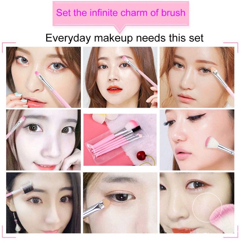 Bộ cọ trang điểm make up 5 món mini tiện lợi màu hồng size 12.5-13.5cm