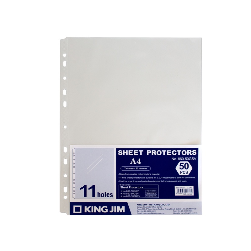 Sơ mi 11 lỗ King Jim khổ A4S 860 - Túi 50 chiếc - Bìa nhựa bảo vệ hồ sơ đa năng