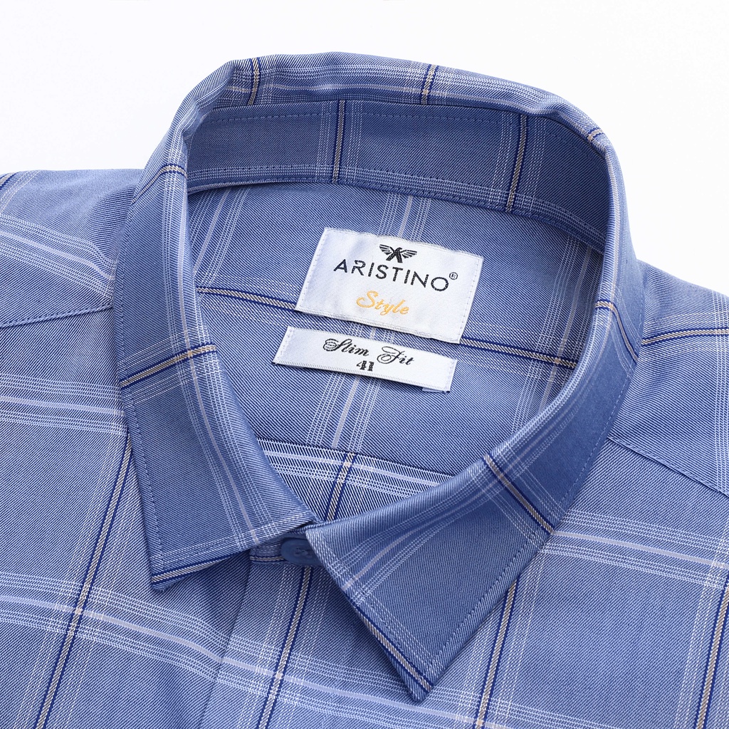 Áo sơ mi dài tay nam Aristino phom slim fit, thiết kế tà lượn, màu xanh kẻ dệt nổi bật - ALS43102