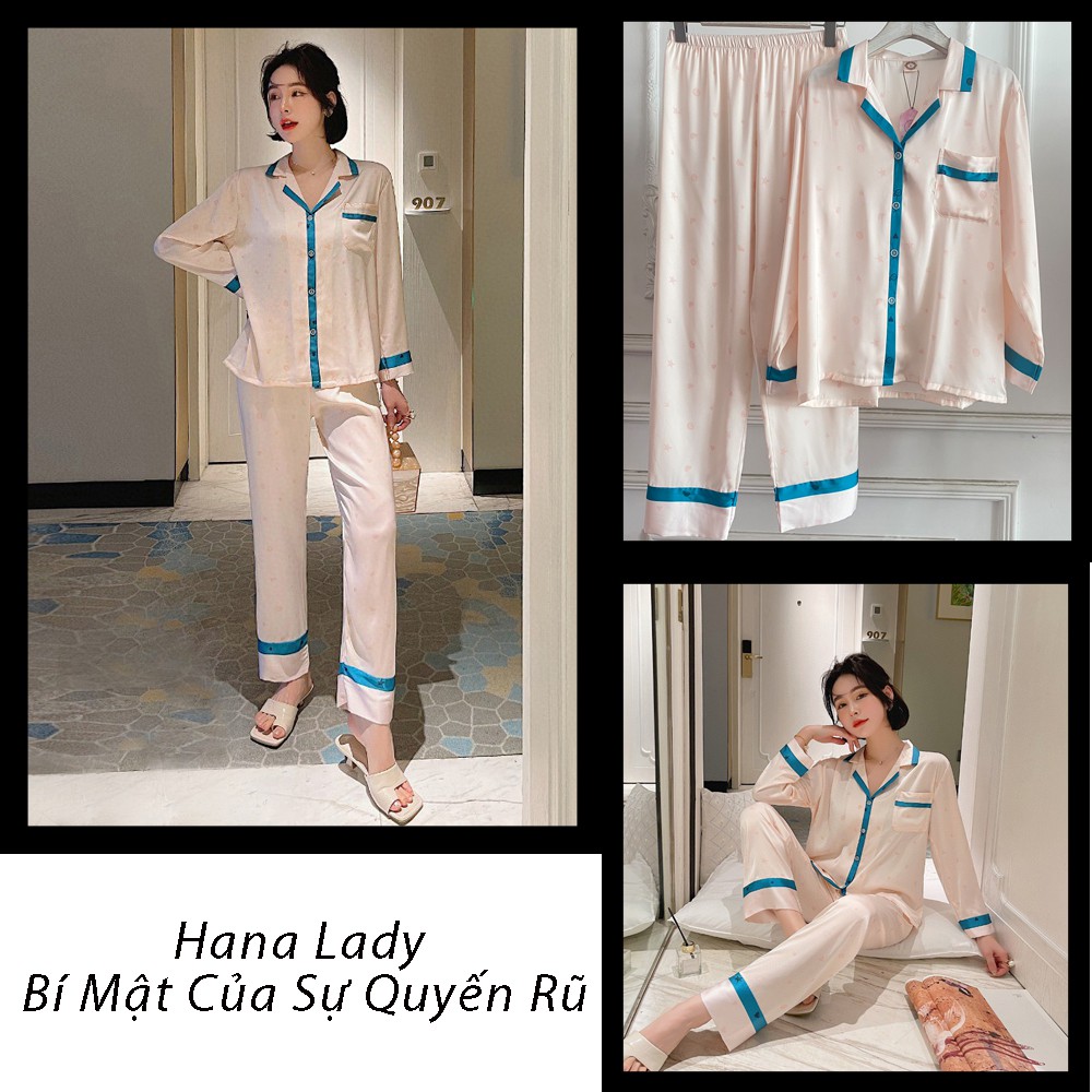 Đồ ngủ mặc nhà nữ, pijama lụa cao cấp tay dài quần dài họa tiết hoa nhí phối viền cao cấp PJ478