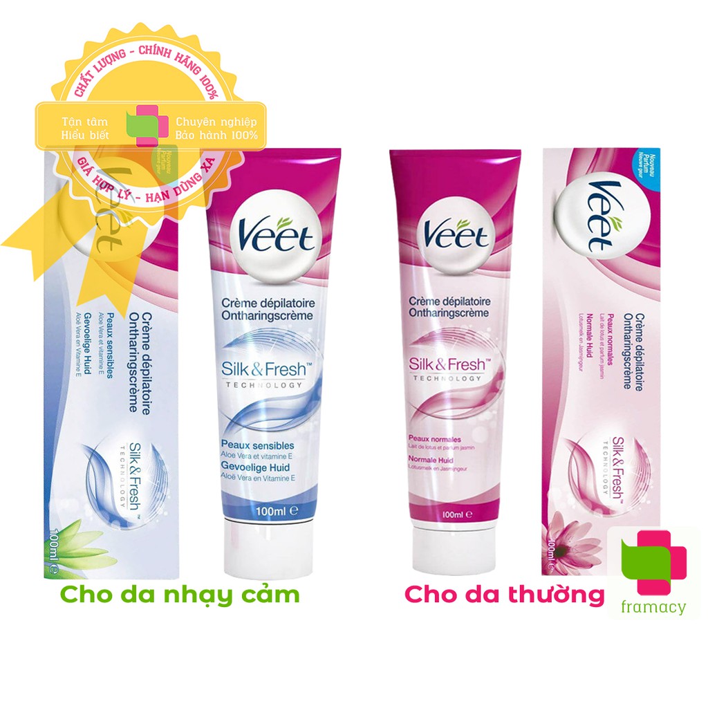 Kem tẩy lông Veet Silk &amp; Fresh, Pháp (100ml) cho da thường (hồng) và da nhạy cảm (xanh dương)