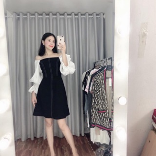Váy trễ vai bóng kính tay bồng hàng qc loại 1