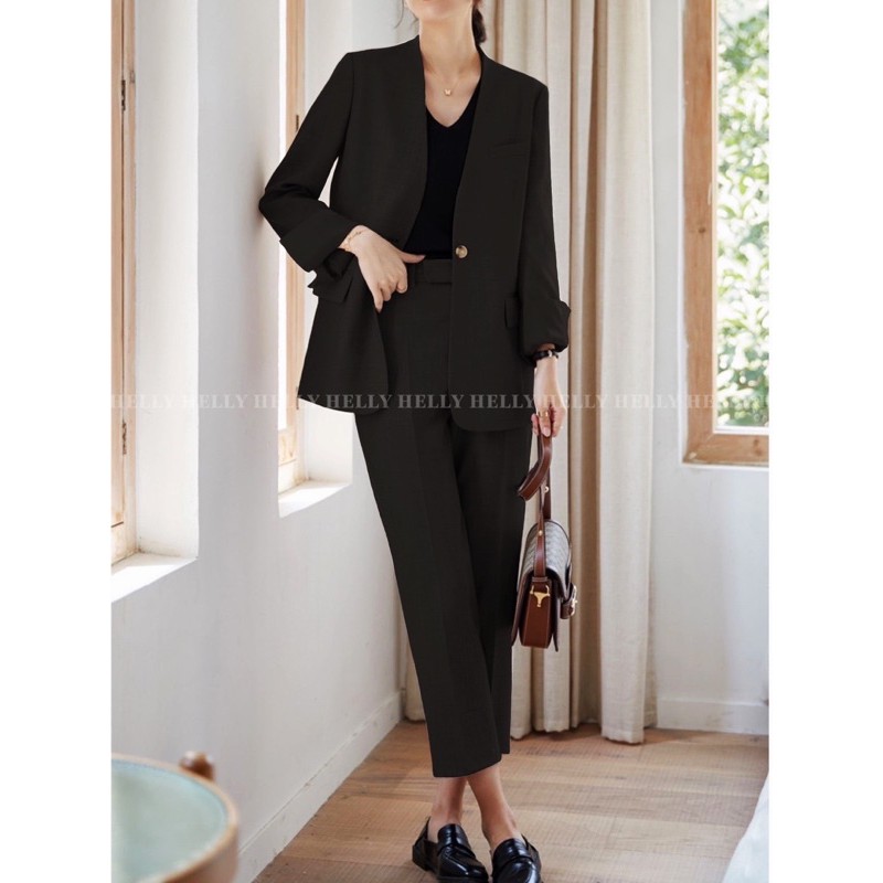 SET BLAZER KHÔNG CỔ QUẦN BAGGY NỮ | HELLY SHOP | BigBuy360 - bigbuy360.vn
