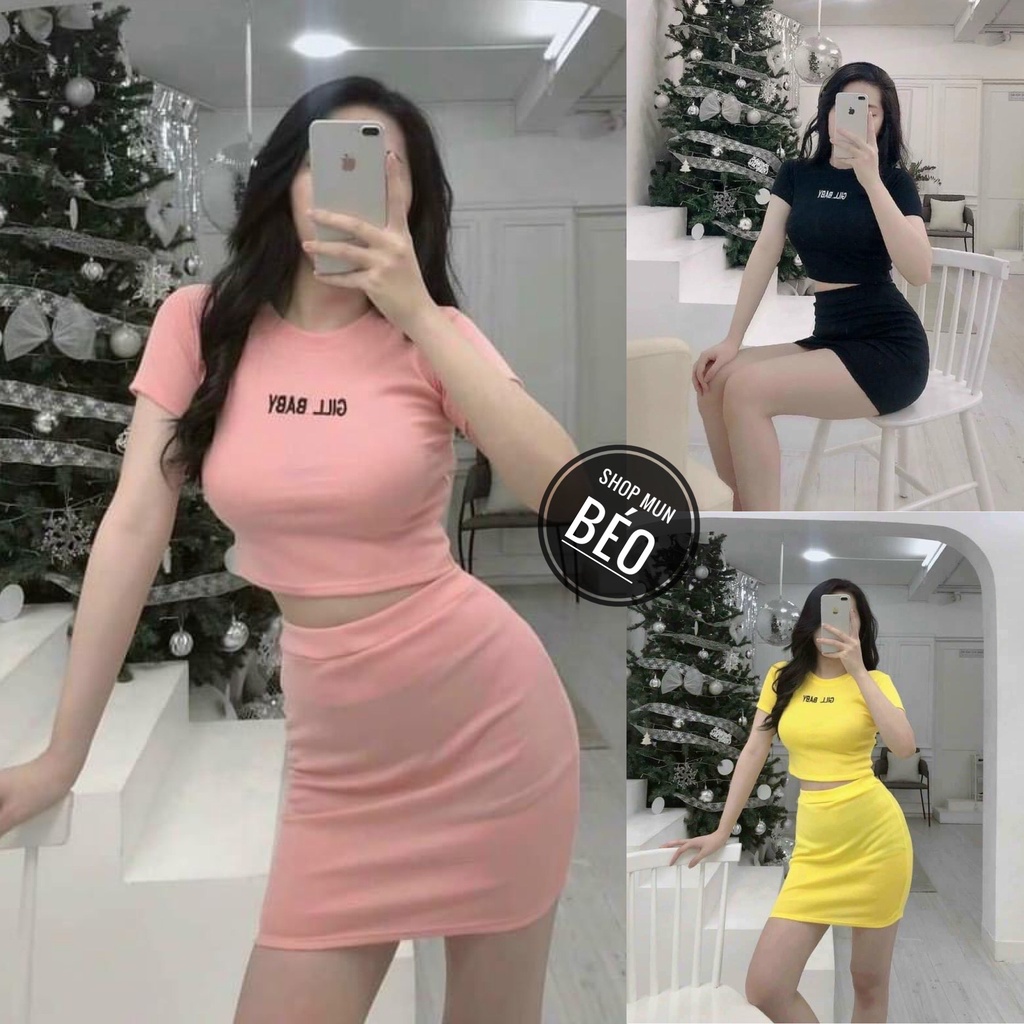 Set áo croptop kèm chân váy lót quần trong chất thun borip thích hợp mặc đi làm đi chơi phù hợp với mọi phong cách