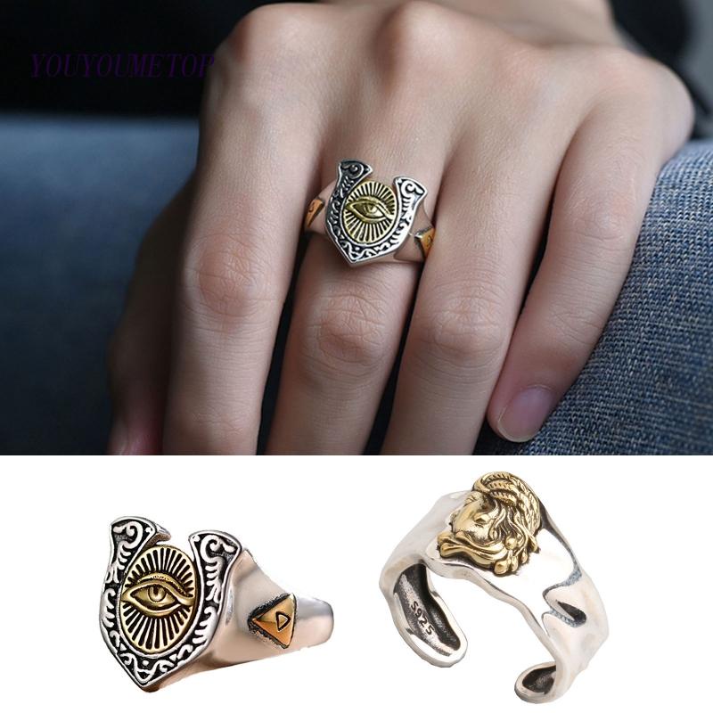 Youyo Nhẫn Bạc Thái Hình Đầu Sói Nhỏ Chữ Thập Phong Cách Ấn Độ Retro Hàn Quốc Có Thể Điều Chỉnh Cho