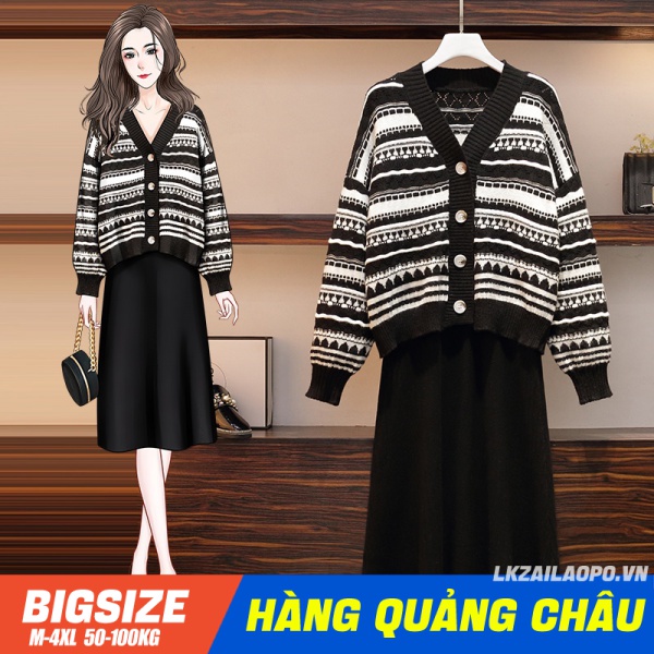BIGSIZE Nữ (45-100kg) Áo khoác cardigan tay dài dáng rộng Kết Hợp Đầm dài ôm dáng size lớn thời trang mùa thu mới trẻ trung dành cho nữ