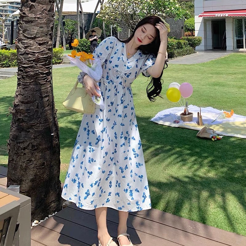 Đầm Hoa Tay Ngắn Cổ Chữ V Thời Trang Hàn Quốc Cho Nữ