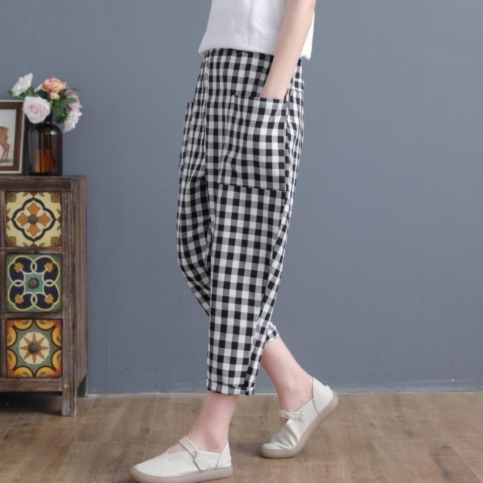 Cotton-containing plaid wide-leg pants women's summer thin nine-point pants loose and thin Korean version of the harem pants new large size casual pants
