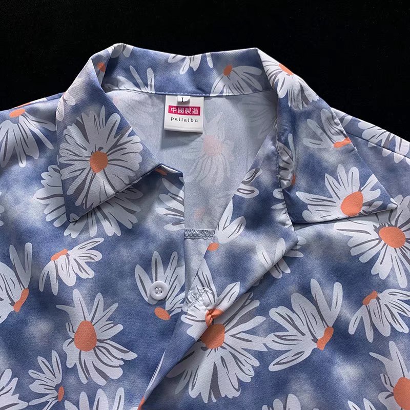 Áo Sơ Mi Đen Tay Ngắn Dáng Rộng In Họa Tiết Hoa Cúc Phong Cách Hàn Quốc Thời Trang Mùa Hè Cho Nam 2022