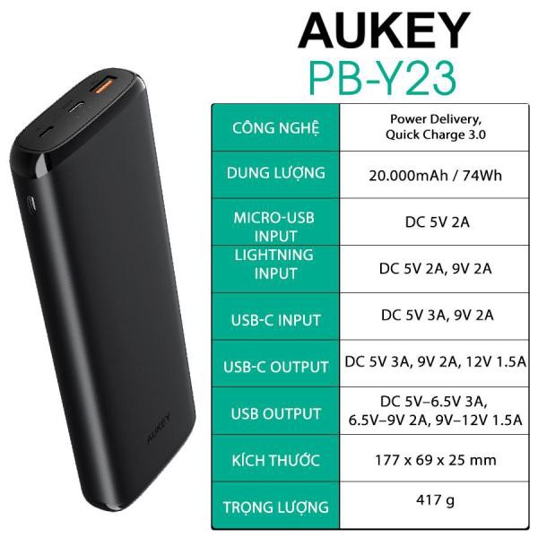 PIN SẠC DỰ PHÒNG 20000MAH AUKEY PB-Y23 1 CỔNG SẠC NHANH QC 3.0 VÀ TYPE-C PD 18W