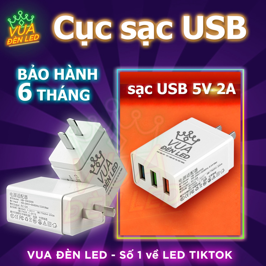 Cục sạc USB 5V 2A sạc nhanh an toàn, củ sạc điện thoại VUA ĐÈN LED 3 đầu USB tiện dụng bảo hành 1 năm