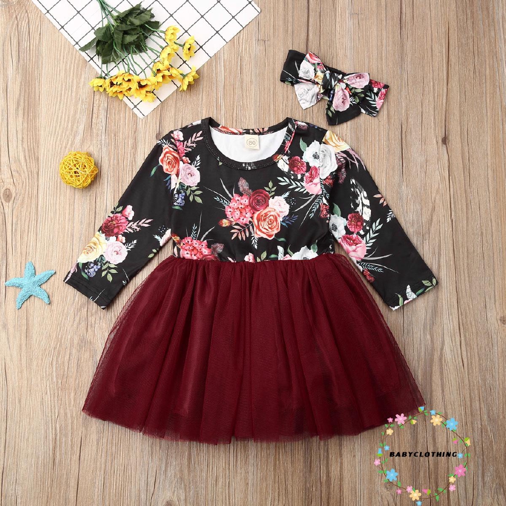 Set đồ gồm đầm tay dài in hoa kèm băng đô xinh xắn dành cho bé gái
